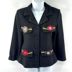 Monkey Wear vintage VTG tweed blazer suit coat jacket crochet flower black